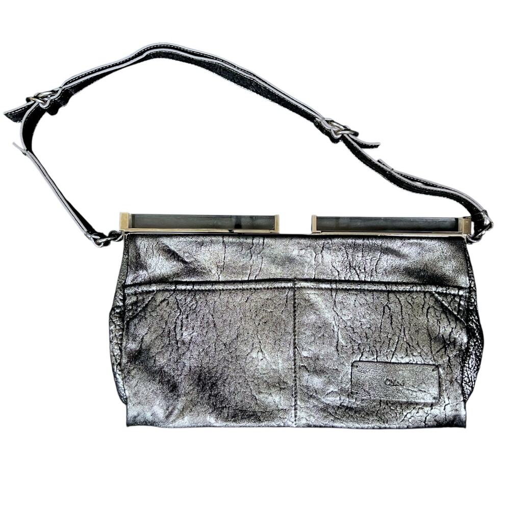 Chloe Lucite Handle Silver Leather Clutch Handbag Vintage Y2K $1,495 Retail Lux